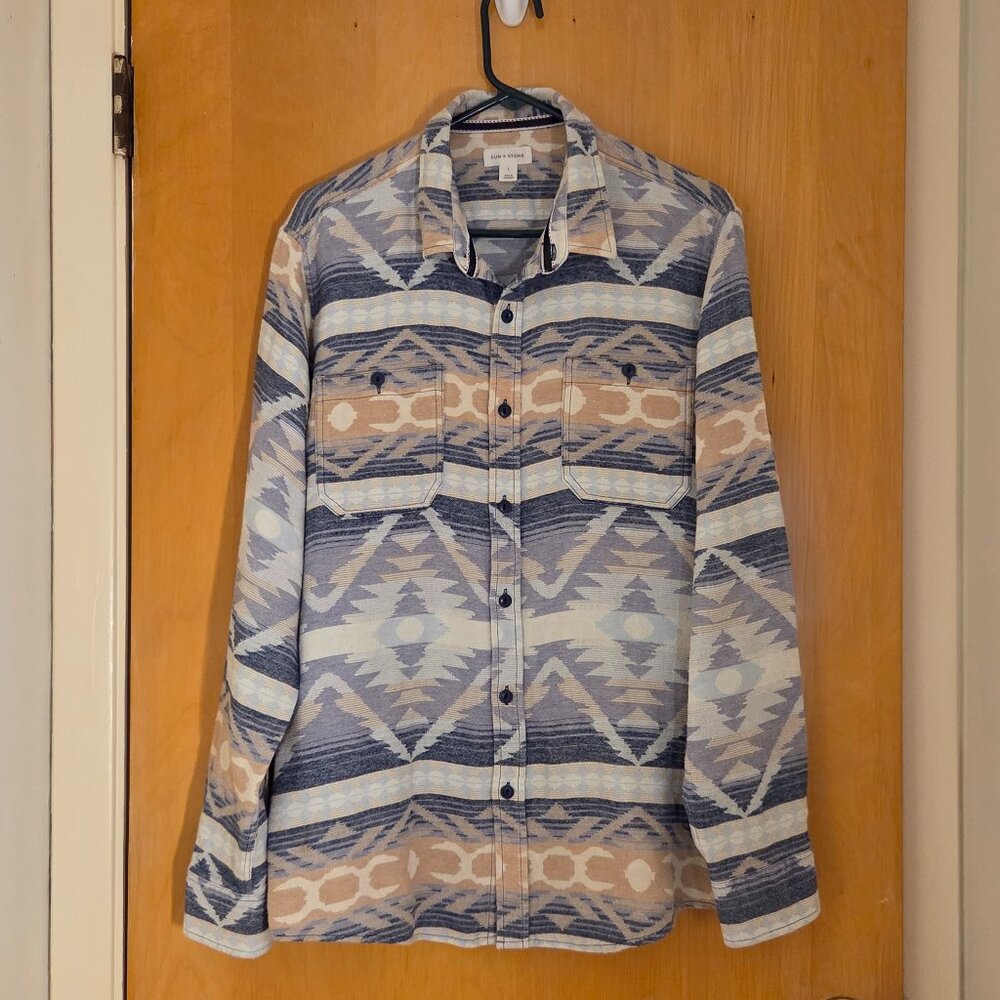 Sun + Stone Button Up Flannel Shirt Mens L Blue Tan Aztec Print Native Cowboy